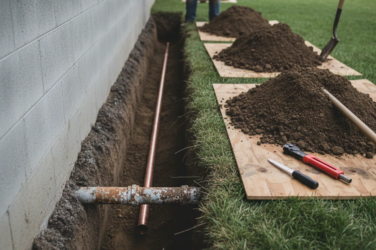 Excavated water line trench during Water Softener Installation in Flovilla